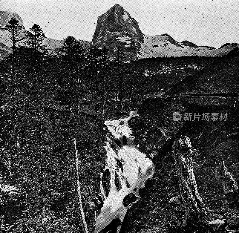 瀑布在比利牛斯山脉在法国- 19世纪